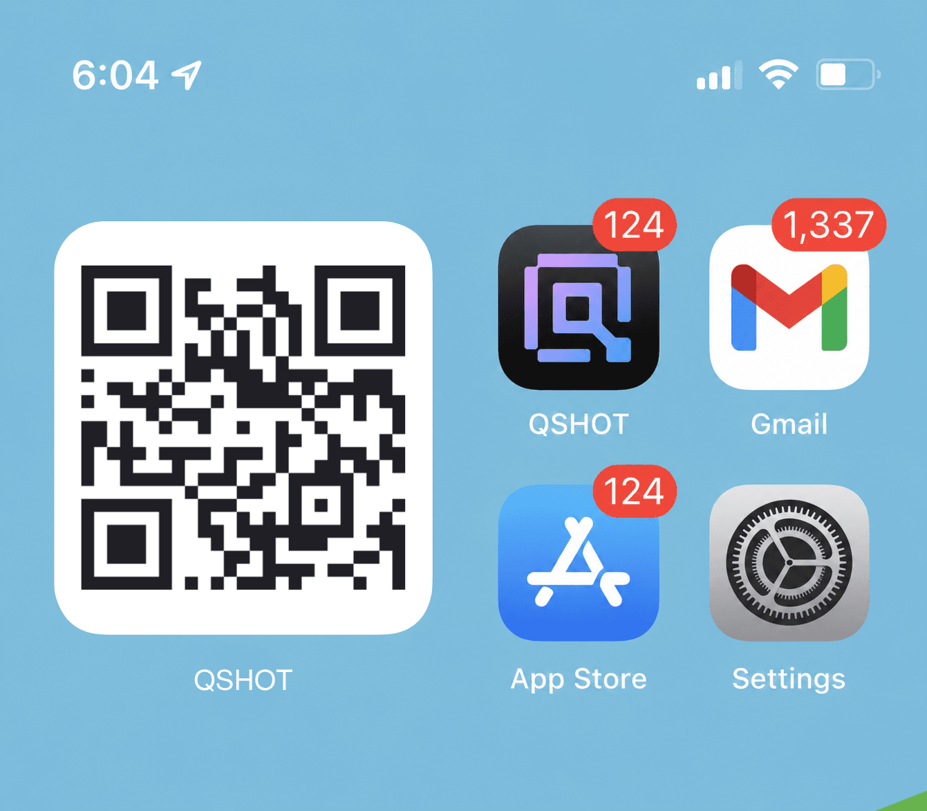 An iPhone home screen with the Qshot app installed next to a QR code widget that opens a Qshot profile